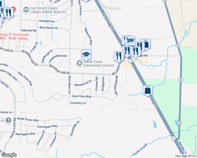 map of restaurants, bars, coffee shops, grocery stores, and more near 9508 Bridgeford in Fort Smith