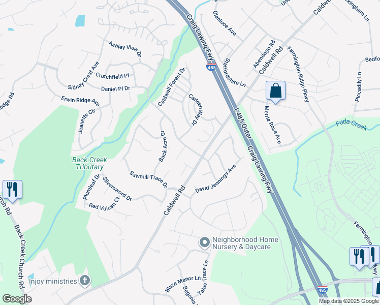 map of restaurants, bars, coffee shops, grocery stores, and more near 4018 Caldwell Ridge Parkway in Charlotte