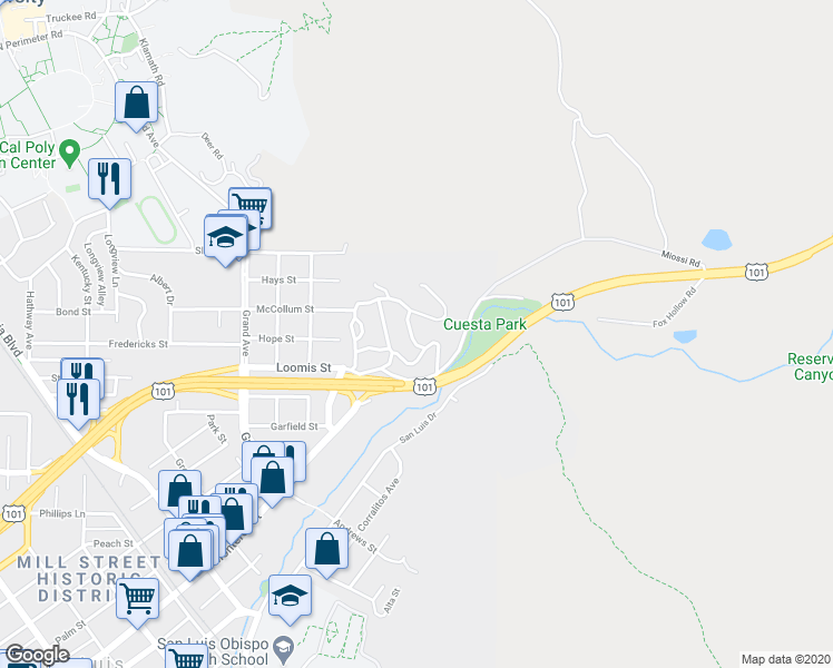 map of restaurants, bars, coffee shops, grocery stores, and more near 384 Santa Maria Avenue in San Luis Obispo