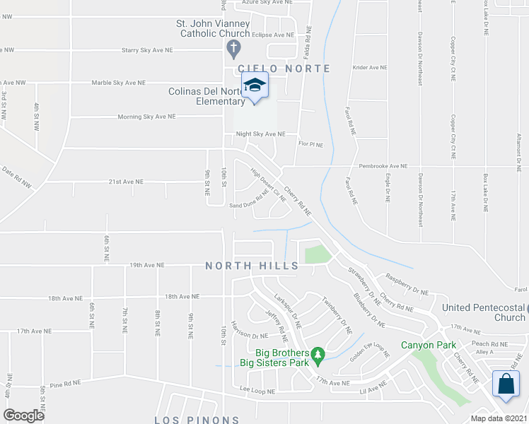 map of restaurants, bars, coffee shops, grocery stores, and more near 2105 Sierra Lane Northeast in Rio Rancho