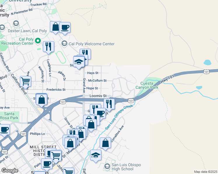 map of restaurants, bars, coffee shops, grocery stores, and more near 2060 Hope Street in San Luis Obispo