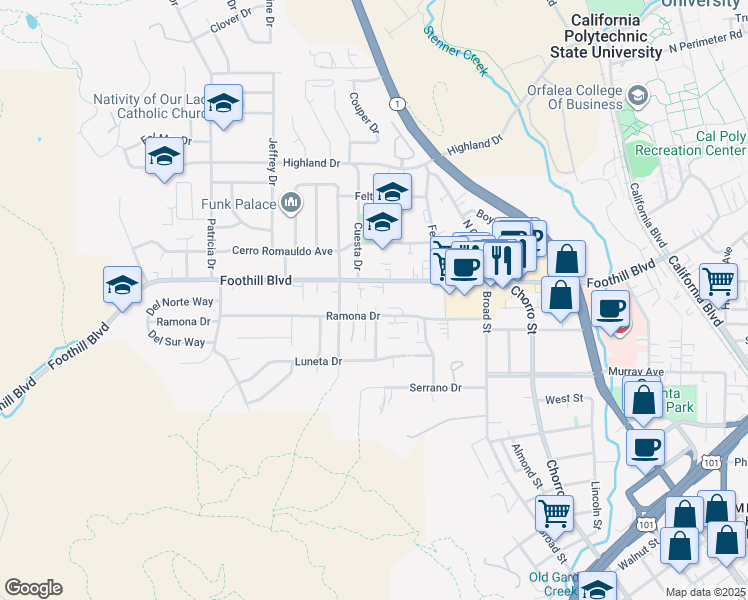 map of restaurants, bars, coffee shops, grocery stores, and more near 9 Verde Drive in San Luis Obispo