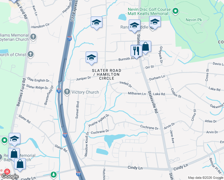 map of restaurants, bars, coffee shops, grocery stores, and more near 2737 Daffodil Drive in Charlotte