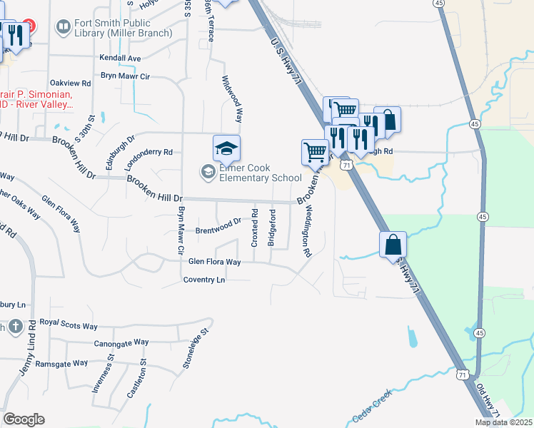 map of restaurants, bars, coffee shops, grocery stores, and more near 9508 Bridgeford in Fort Smith