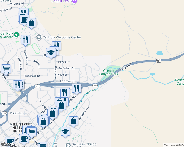 map of restaurants, bars, coffee shops, grocery stores, and more near Santa Maria Avenue in San Luis Obispo