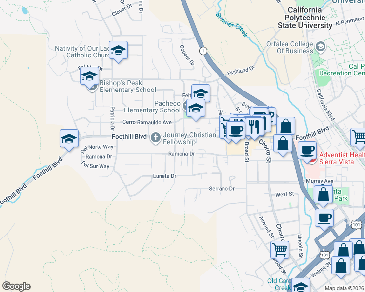 map of restaurants, bars, coffee shops, grocery stores, and more near 12 South Tassajara Drive in San Luis Obispo