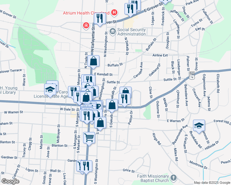 map of restaurants, bars, coffee shops, grocery stores, and more near 307 East Sumter Street in Shelby