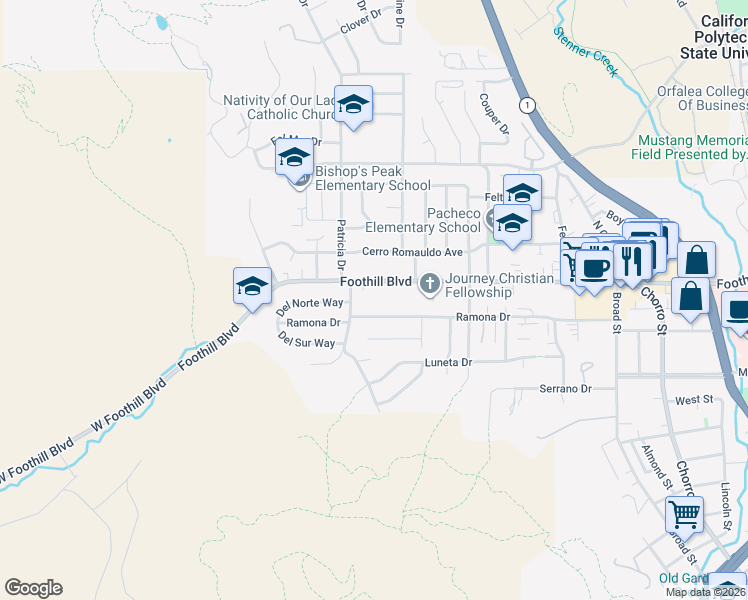 map of restaurants, bars, coffee shops, grocery stores, and more near 237 Foothill Boulevard in San Luis Obispo
