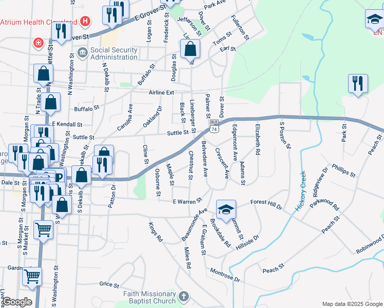 map of restaurants, bars, coffee shops, grocery stores, and more near 109 Chestnut Street in Shelby