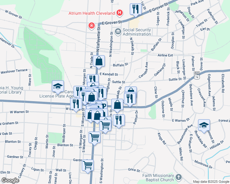 map of restaurants, bars, coffee shops, grocery stores, and more near 307 East Sumter Street in Shelby