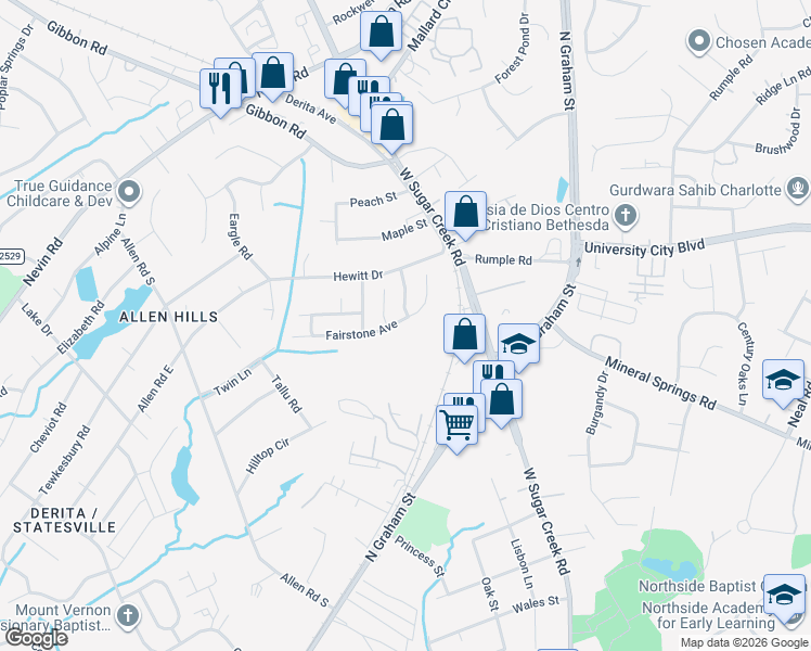 map of restaurants, bars, coffee shops, grocery stores, and more near 2518 Fairstone Avenue in Charlotte