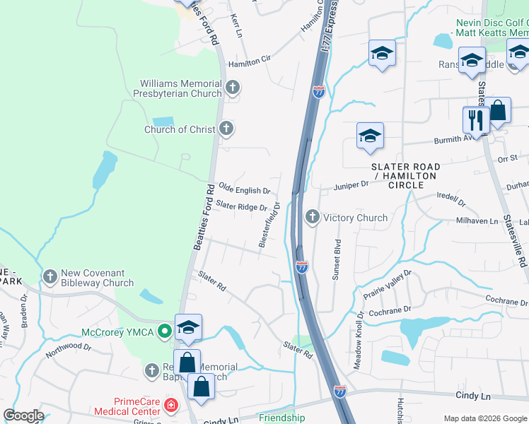 map of restaurants, bars, coffee shops, grocery stores, and more near 1932 Slater Ridge Drive in Charlotte