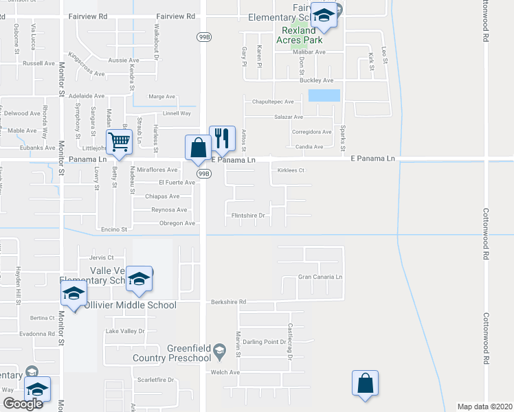 map of restaurants, bars, coffee shops, grocery stores, and more near 407 Calderdale Drive in Bakersfield