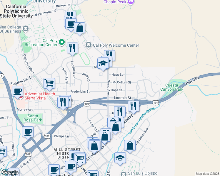map of restaurants, bars, coffee shops, grocery stores, and more near in San Luis Obispo