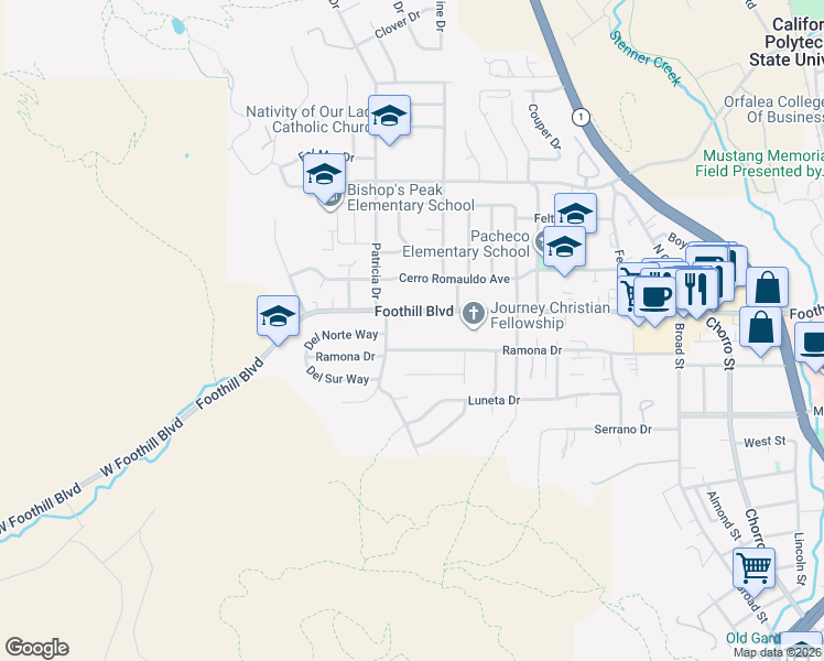 map of restaurants, bars, coffee shops, grocery stores, and more near 237 Foothill Boulevard in San Luis Obispo