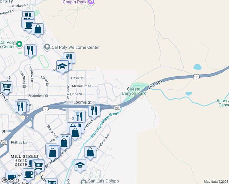 map of restaurants, bars, coffee shops, grocery stores, and more near Santa Maria Avenue in San Luis Obispo