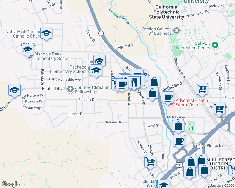 map of restaurants, bars, coffee shops, grocery stores, and more near 767 Foothill Boulevard in San Luis Obispo