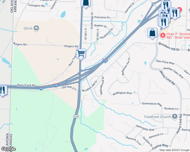 map of restaurants, bars, coffee shops, grocery stores, and more near 1406 Willowbrook Circle in Fort Smith