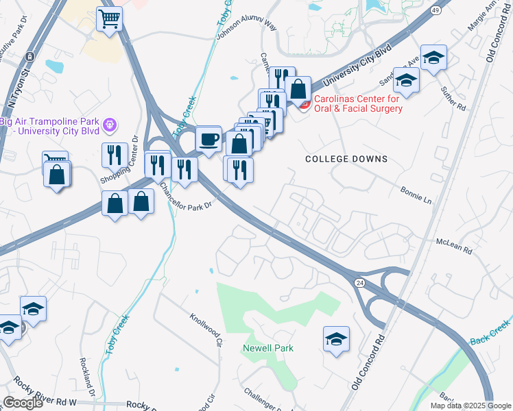 map of restaurants, bars, coffee shops, grocery stores, and more near 8911 Meadow Vista Road in Charlotte