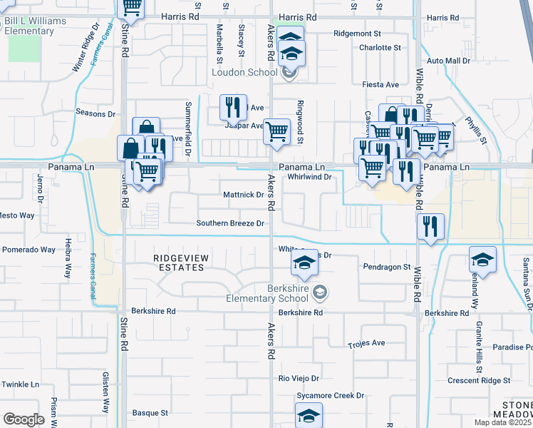 map of restaurants, bars, coffee shops, grocery stores, and more near 4101 Cyclone Drive in Bakersfield