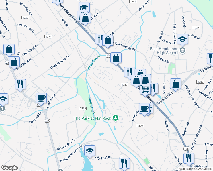 map of restaurants, bars, coffee shops, grocery stores, and more near 500 King Creek Boulevard in Hendersonville