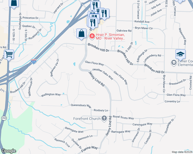 map of restaurants, bars, coffee shops, grocery stores, and more near 9625 Jenny Lind Road in Fort Smith