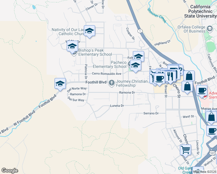 map of restaurants, bars, coffee shops, grocery stores, and more near 311 Foothill Boulevard in San Luis Obispo