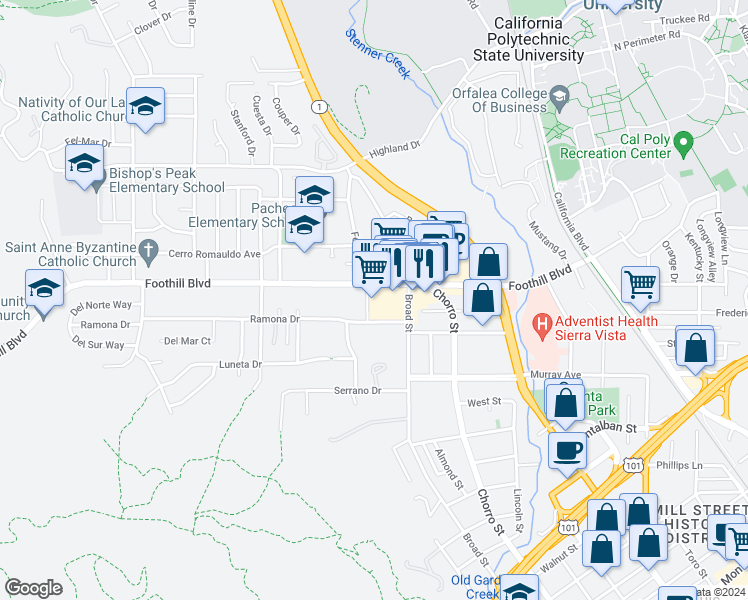 map of restaurants, bars, coffee shops, grocery stores, and more near 767 Foothill Boulevard in San Luis Obispo