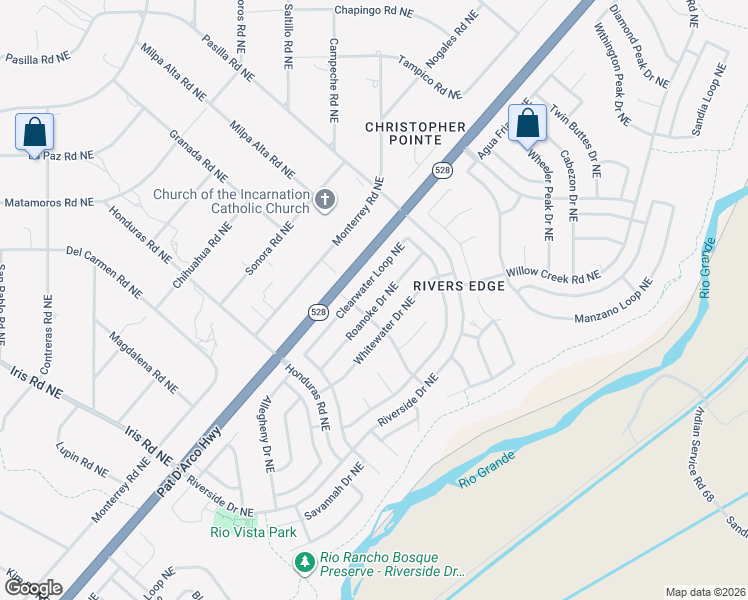 map of restaurants, bars, coffee shops, grocery stores, and more near 1957 Roanoke Drive Northeast in Rio Rancho