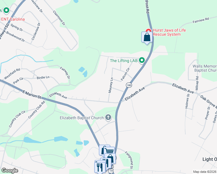 map of restaurants, bars, coffee shops, grocery stores, and more near 421 Mauney Lane in Shelby