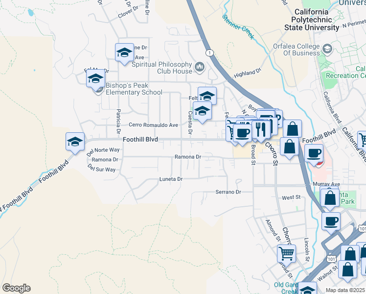 map of restaurants, bars, coffee shops, grocery stores, and more near 12 South Tassajara Drive in San Luis Obispo