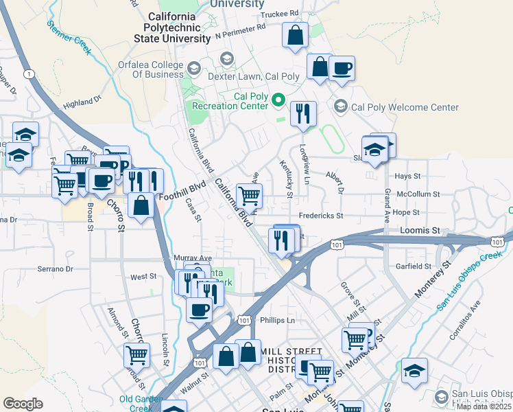 map of restaurants, bars, coffee shops, grocery stores, and more near 350 Hathway Avenue in San Luis Obispo