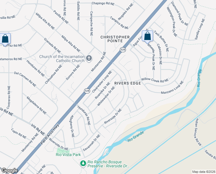 map of restaurants, bars, coffee shops, grocery stores, and more near 1957 Roanoke Drive Northeast in Rio Rancho