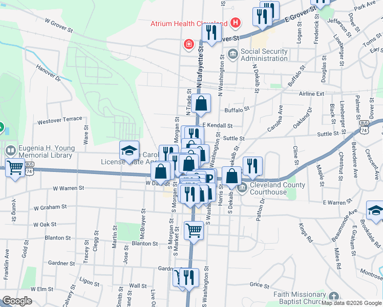 map of restaurants, bars, coffee shops, grocery stores, and more near 213 North Lafayette Street in Shelby