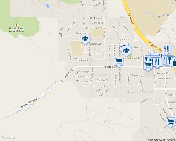 map of restaurants, bars, coffee shops, grocery stores, and more near 182 Del Norte Way in San Luis Obispo