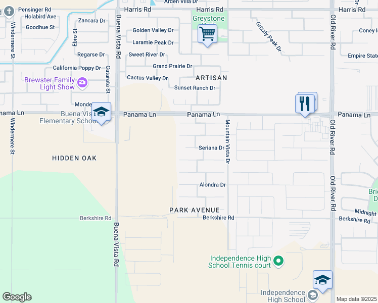 map of restaurants, bars, coffee shops, grocery stores, and more near 10813 Seriana Drive in Bakersfield