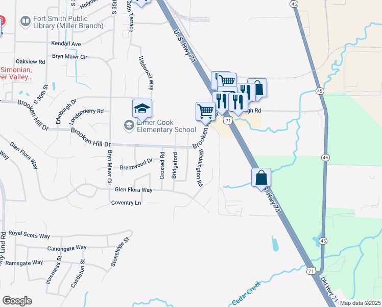 map of restaurants, bars, coffee shops, grocery stores, and more near 9505 Darlington Way in Fort Smith