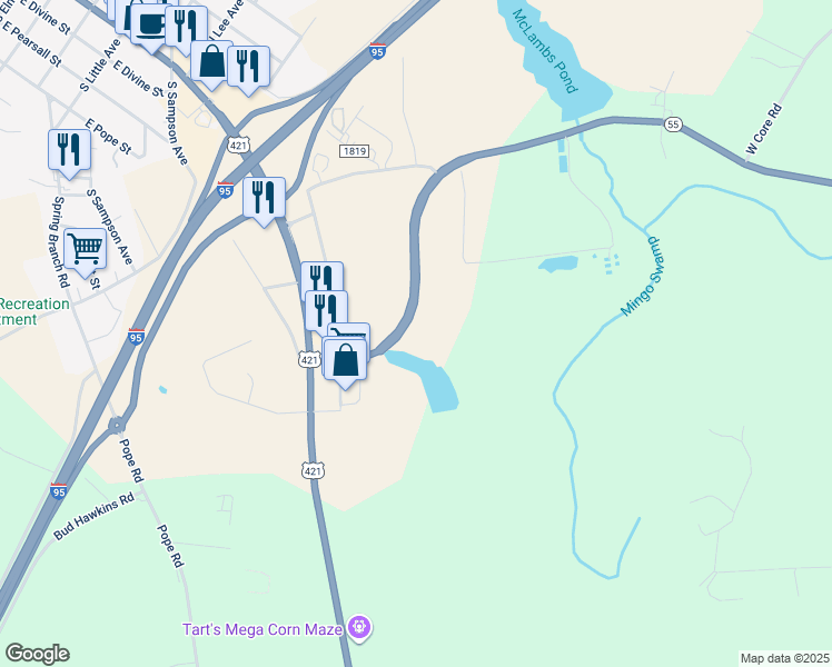 map of restaurants, bars, coffee shops, grocery stores, and more near 10964 North Carolina 55 in Dunn