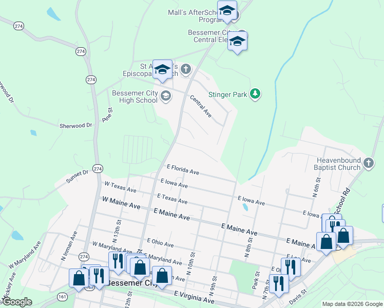 map of restaurants, bars, coffee shops, grocery stores, and more near 112 Sunset Ln in Bessemer City
