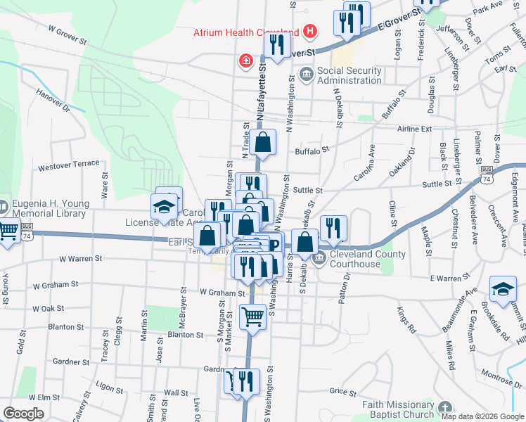 map of restaurants, bars, coffee shops, grocery stores, and more near 213 North Lafayette Street in Shelby