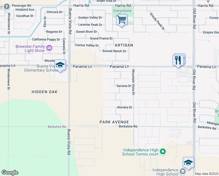 map of restaurants, bars, coffee shops, grocery stores, and more near 10813 Seriana Drive in Bakersfield