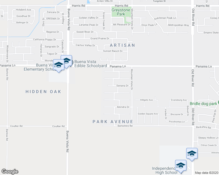 map of restaurants, bars, coffee shops, grocery stores, and more near 10809 Seriana Drive in Bakersfield