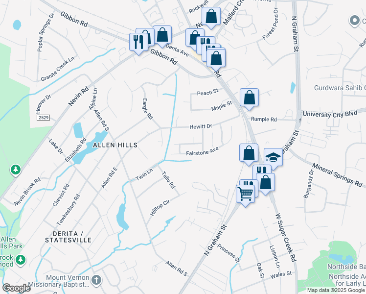 map of restaurants, bars, coffee shops, grocery stores, and more near 5732 Fairchase Avenue in Charlotte