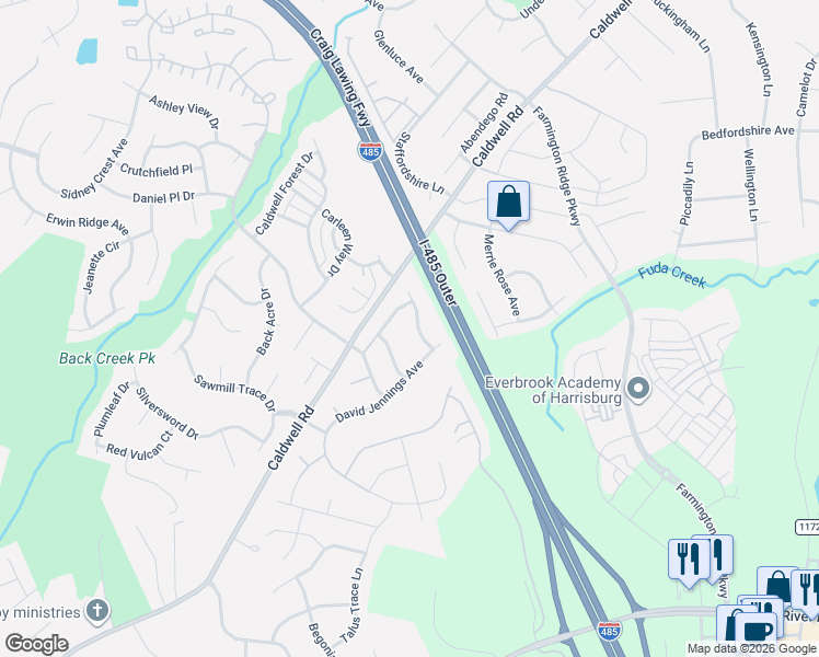 map of restaurants, bars, coffee shops, grocery stores, and more near 13502 Morgan Lee Avenue in Charlotte