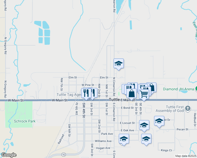 map of restaurants, bars, coffee shops, grocery stores, and more near 206 Northwest 2nd Street in Tuttle