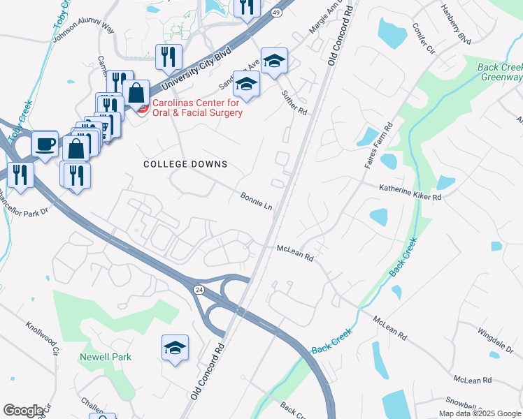 map of restaurants, bars, coffee shops, grocery stores, and more near 1914 Bonnie Lane in Charlotte