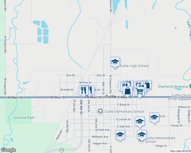 map of restaurants, bars, coffee shops, grocery stores, and more near 206 Northwest 2nd Street in Tuttle