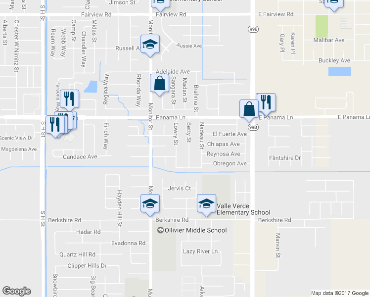 map of restaurants, bars, coffee shops, grocery stores, and more near 6715 Betty Street in Bakersfield