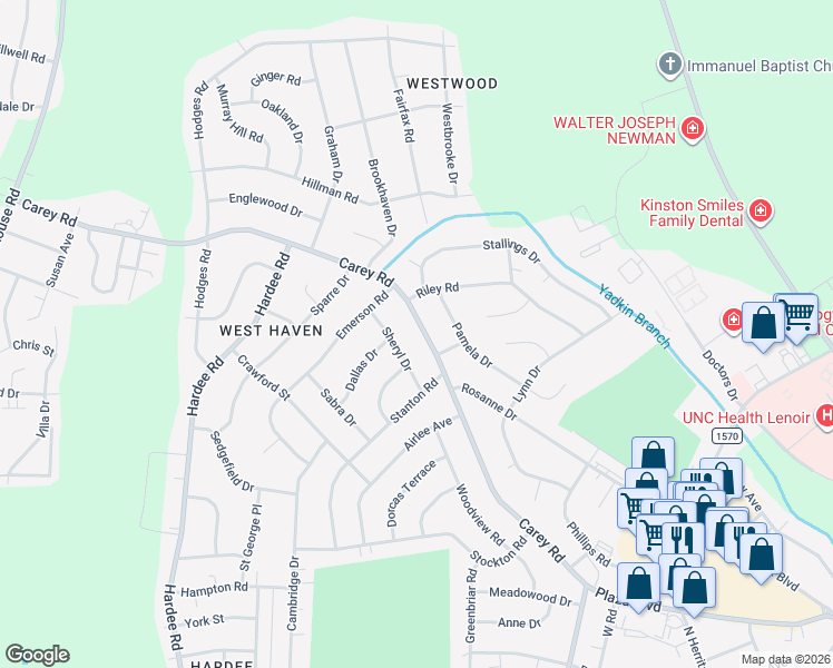 map of restaurants, bars, coffee shops, grocery stores, and more near 2706 Carey Road in Kinston