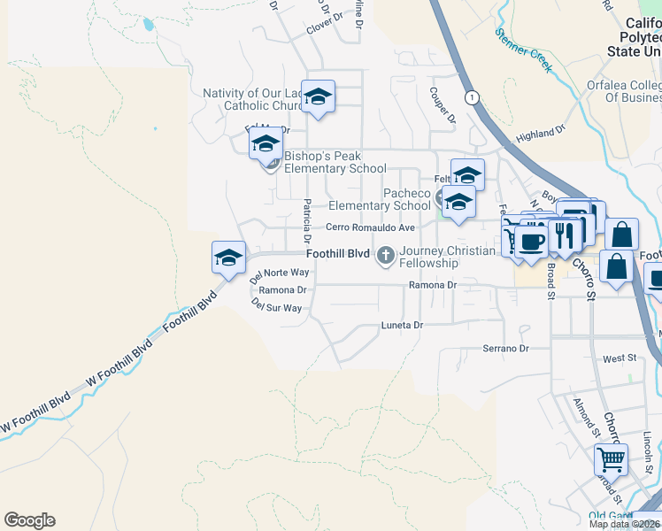 map of restaurants, bars, coffee shops, grocery stores, and more near 237 Foothill Boulevard in San Luis Obispo